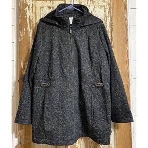 Liz Claiborne Hooded Lined Cotton Blend Coat - Black Tweed - 1X